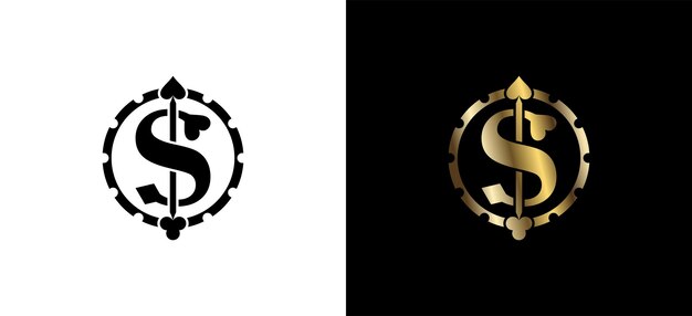 El logotipo del casino vectorial, el icono del signo del dólar, el rummy en fichas para el negocio del casino y los juegos de cartas.