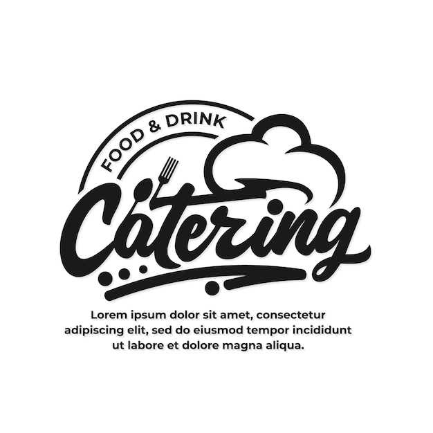 Vector logotipo de catering con diseño de letras dibujadas a mano e ilustración vectorial de sombrero de chef