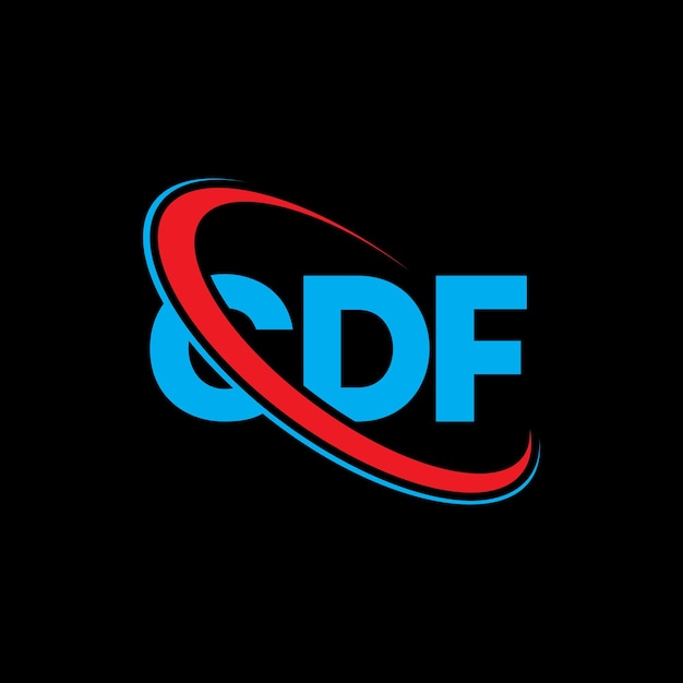 El logotipo CDF, la letra CDF, las iniciales CDF, el logotipo vinculado con un círculo y un monograma en mayúsculas, la tipografía CDF para el negocio tecnológico y la marca inmobiliaria.