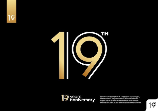 Logotipo de celebración del 19º aniversario dorado sobre fondo negro