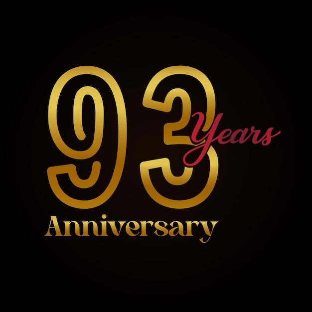 Vector logotipo de celebración del 93.º aniversario con diseño elegante de color dorado y rojo escrito a mano.