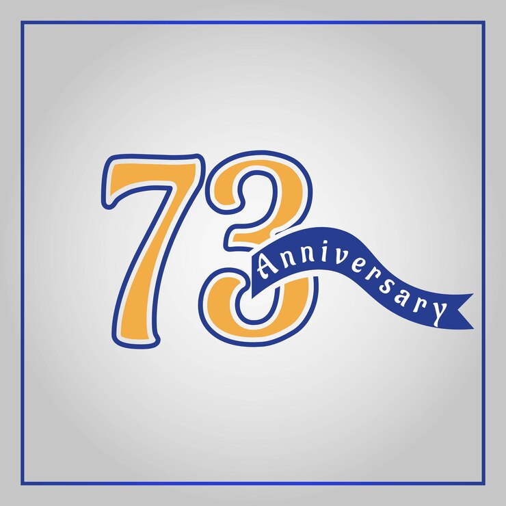 Vector logotipo de celebración de aniversario de 73 años coloreado con amarillo y azul, usando el vector de cinta azul.