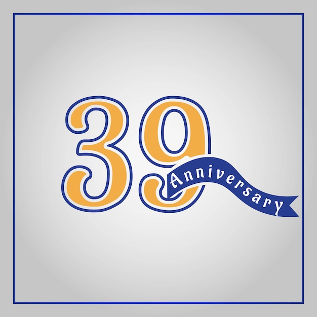 Vector logotipo de celebración de aniversario de 39 años coloreado con amarillo y azul, usando el vector de cinta azul.