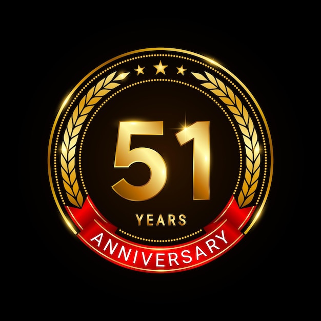 Logotipo de celebración de aniversario de oro de 51 años con cinta roja aislada en ilustración de vector de fondo negro