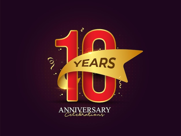Logotipo de celebraciones de aniversario de 10 años con cintas El color dorado es elegante y lujoso