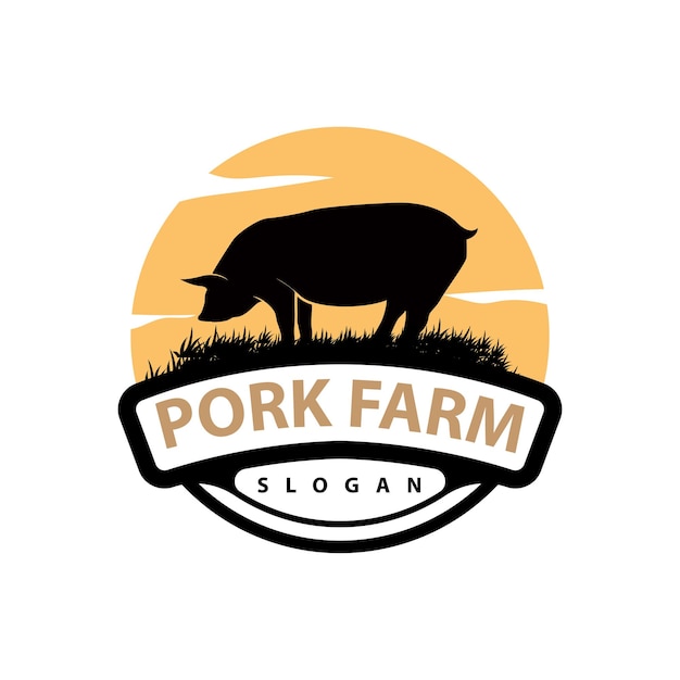 El logotipo del cerdo a la parrilla, la carne de cerdo, el simple sello rústico, el emblema vectorial, el ganado, la barbacoa, el BBQ, el diseño vintage.