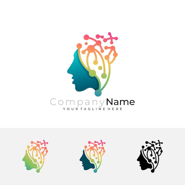 Logotipo del cerebro con estilo de línea de combinación de diseño tecnológico
