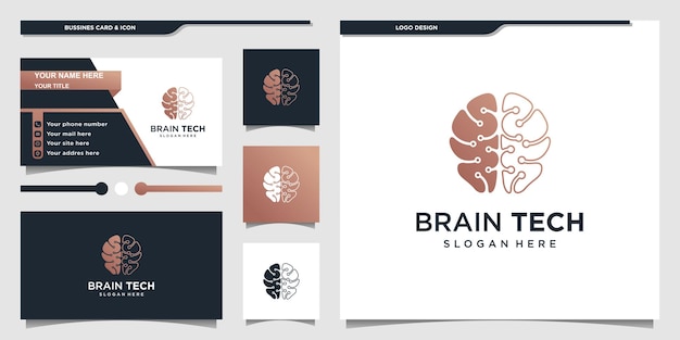 Vector logotipo de cerebro con forma de arte de línea de tecnología moderna y diseño de tarjeta de visita vector premium