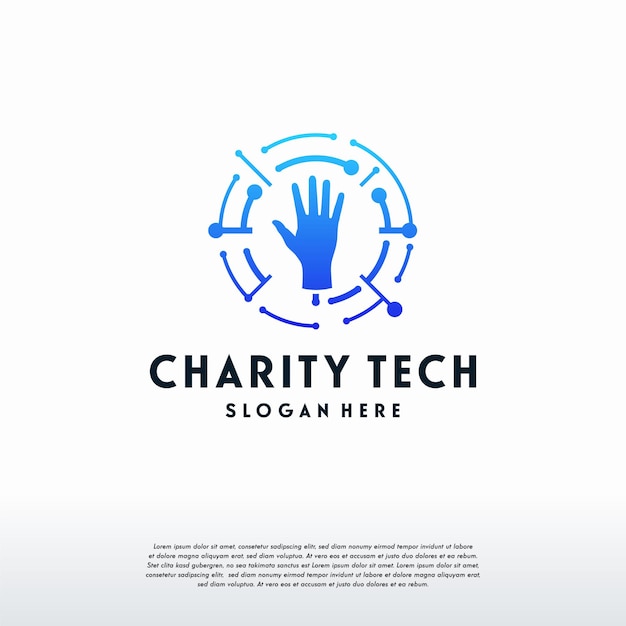 Logotipo de charity tech, plantilla de logotipo de mano y tecnología