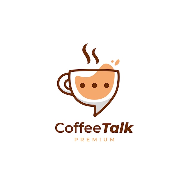 Logotipo de charla de café, icono de logotipo de discusión de taza de taza de café en estilo divertido