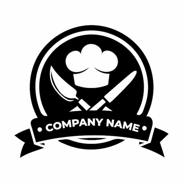 logotipo de chef con diseño de silueta de sombrero y cuchillo