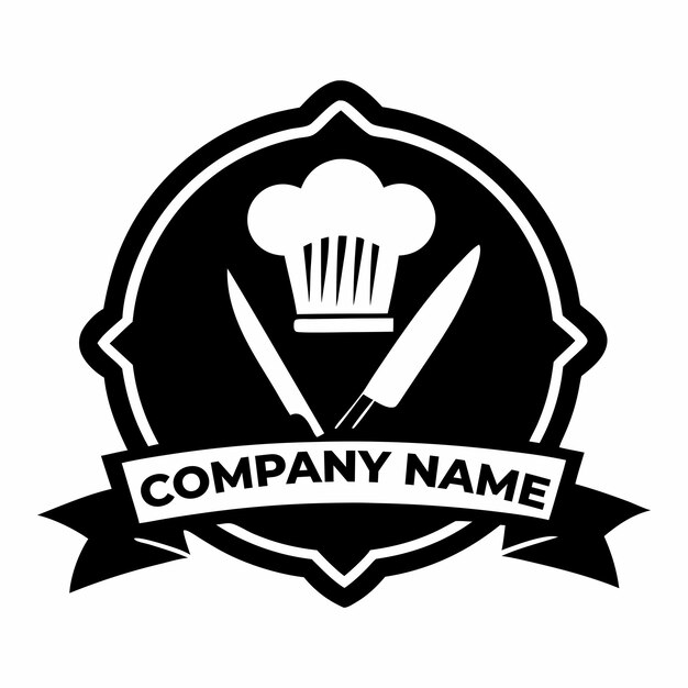 logotipo de chef con diseño de silueta de sombrero y cuchillo