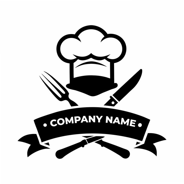 logotipo de chef con diseño de silueta de sombrero y cuchillo
