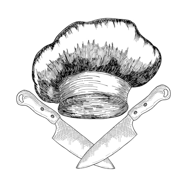 Logotipo de chef con iconos de chef y cuchillo logotipo vintage culinario sobre un fondo blanco la plantilla del logotipo de talleres culinarios ilustración vectorial dibujada a mano