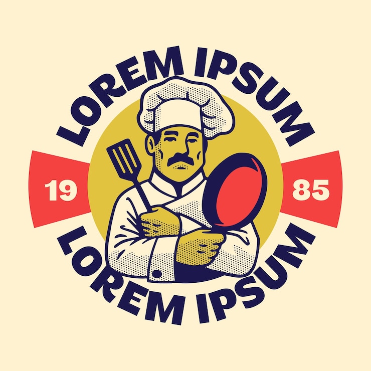 Vector logotipo chef mascota emblema personaje en estilo vintage