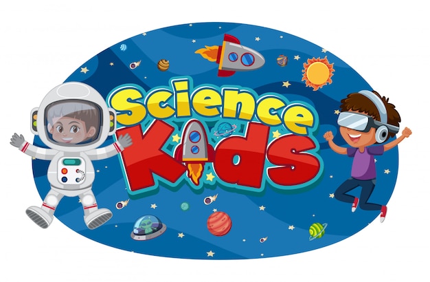 Logotipo de ciencia para niños con astronautas y objetos espaciales.