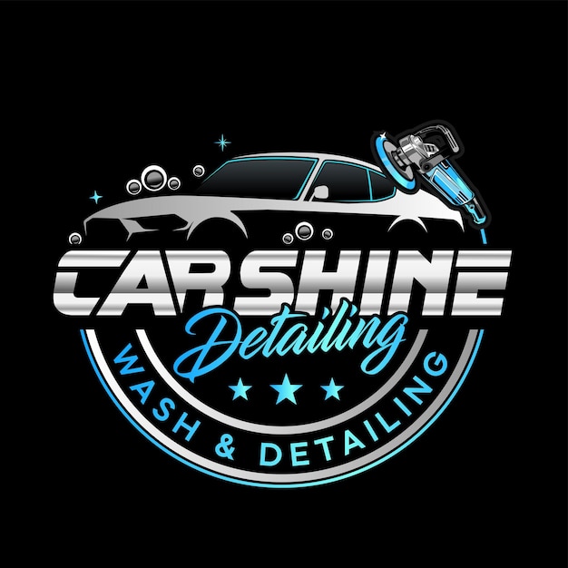 Logotipo circular de la empresa de servicios de valeting y detallado móvil con automóvil y búfer