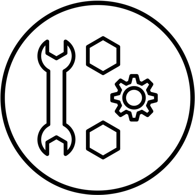 un logotipo circular con una llave inglesa y engranajes en el interior