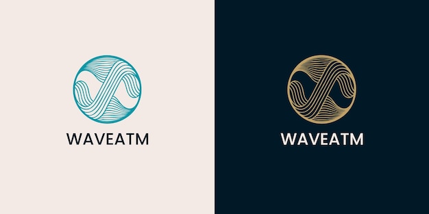 Logotipo circular con patrón de onda en variaciones azules y doradas
