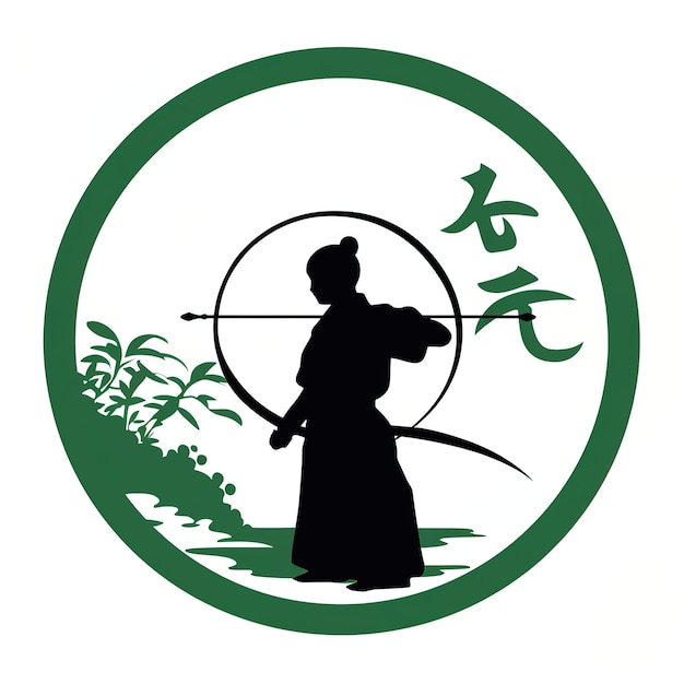 Un logotipo con un círculo blanco. en el círculo hay un arco y una flecha de kyudo verdes.