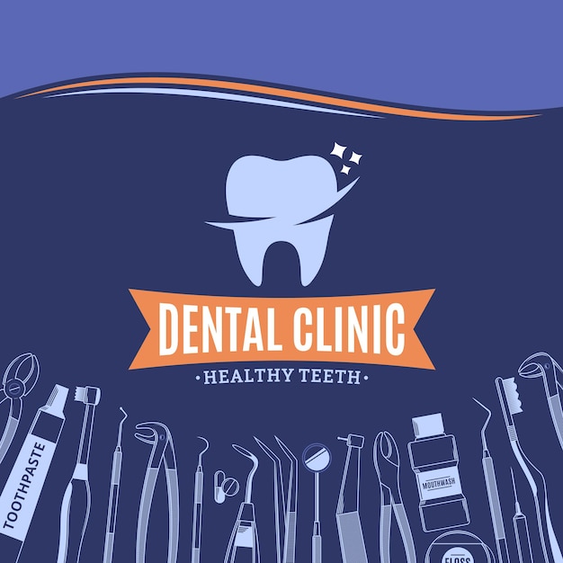 Logotipo de clínica dental e iconos de instrumentos dentales