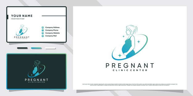 Logotipo de clínica de mujer embarazada con concepto creativo y diseño de tarjeta de visita Vector Premium