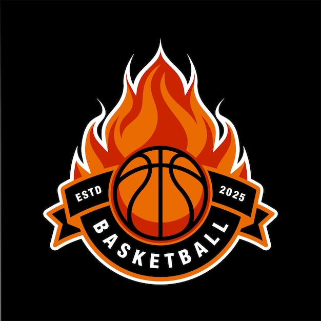Logotipo del club de baloncesto en fuego diseños de emblema con pelota Ilustración vectorial de insignia deportiva
