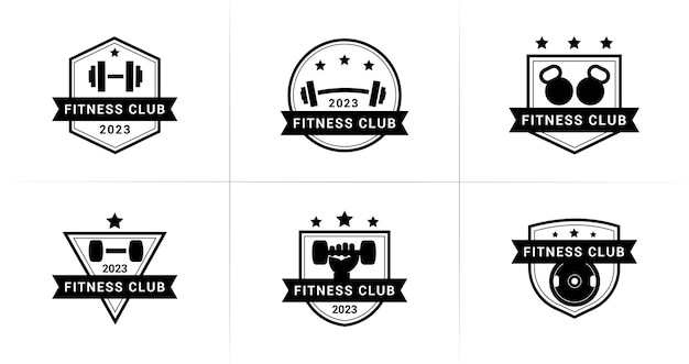 Logotipo del club de fitness con concepto de equipo de gimnasio para culturismo