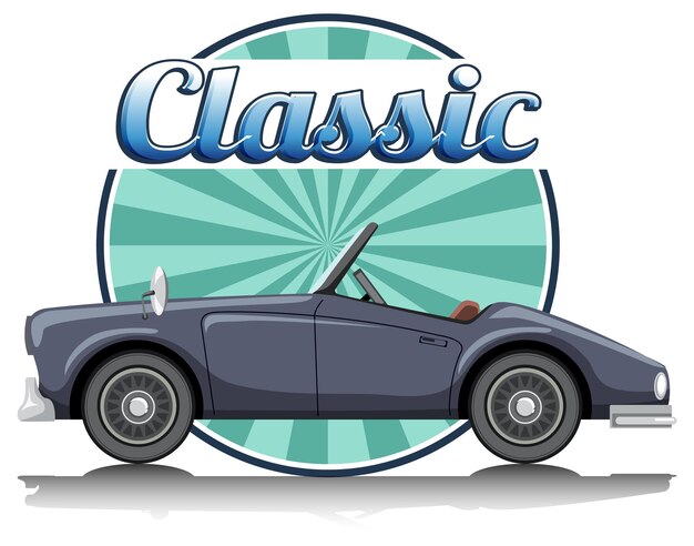 Logotipo de coche clásico con coche clásico sobre fondo blanco.