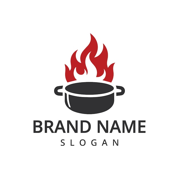 Logotipo de cocina de cocina de restaurante de comida tradicional de hierro fundido con fuego
