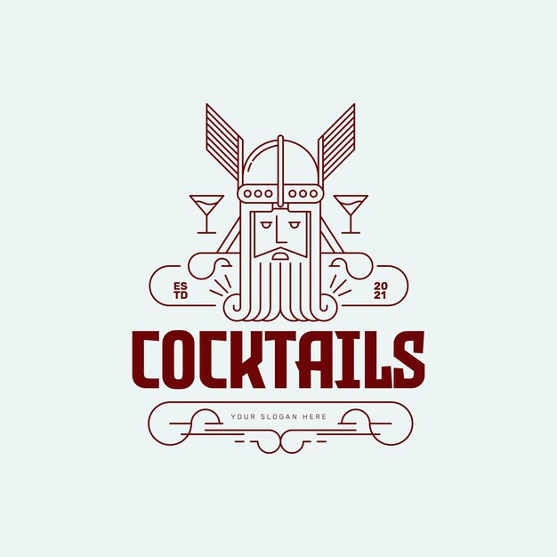 Vector logotipo de cócteles monoline bar y pub con cabeza de rey