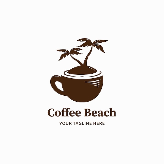 Logotipo de coffee beach, taza de café con ilustración de icono de logotipo de isla de playa