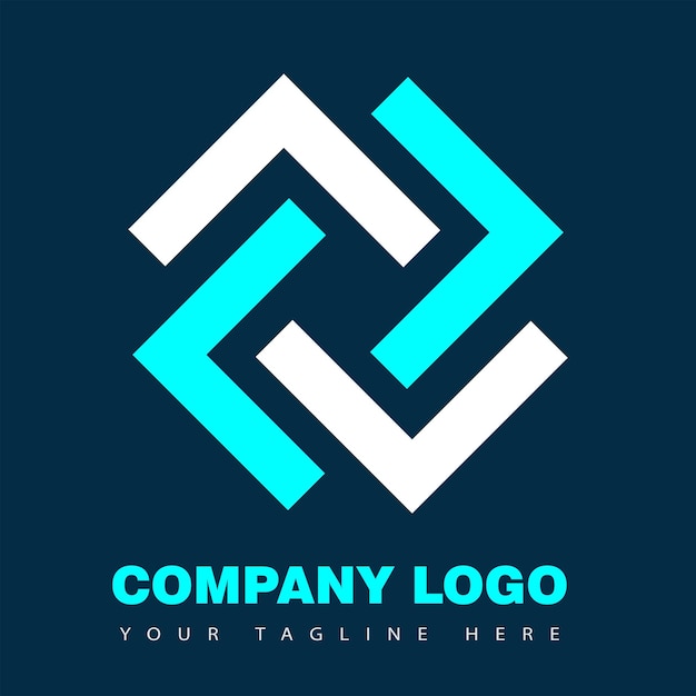 Logotipo de color cian geométrico y flecha blanca con texto en negrita sobre un fondo azul oscuro