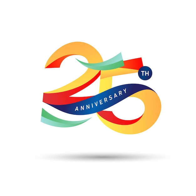 Un logotipo colorido para el 25 aniversario con una cinta que dice 25.