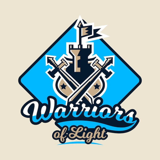 Logotipo colorido emblema de una antigua fortaleza con una bandera y dos espadas cruzadas Sujeto caballeros guerreros castillos Ilustración vectorial