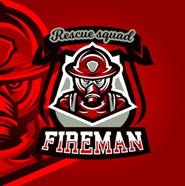 Logotipo colorido emblema una pegatina un bombero en profesión uniforme trabajo peligroso una máscara de gas y casco Ilustración vectorial