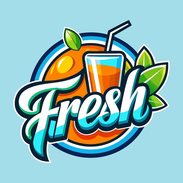 un logotipo colorido para naranjas frescas y un vaso de jugo