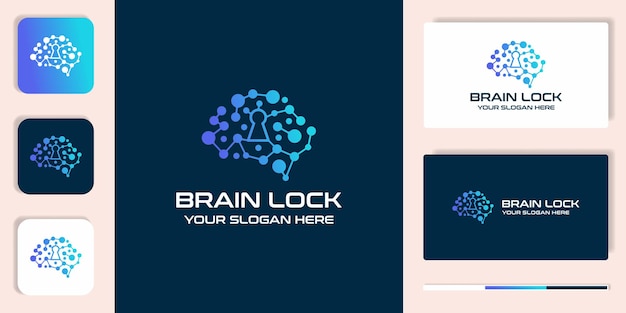 Vector logotipo de combinación de bloqueo cerebral con molécula de punto y diseño de tarjeta de visita