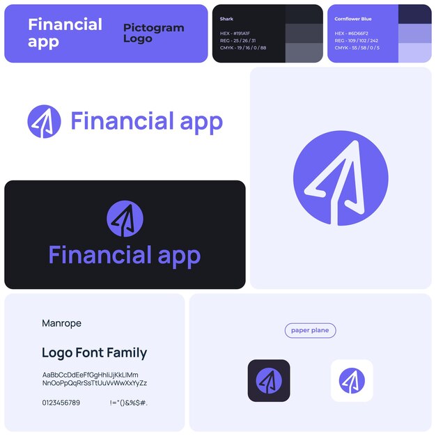 Logotipo comercial de aplicación financiera 2D con nombre de marca Icono de avión de papel Elemento de diseño e identidad visual Plantilla creativa con fuente manrope Adecuada para aplicación de finanzas aplicación de gestión de dinero inversión