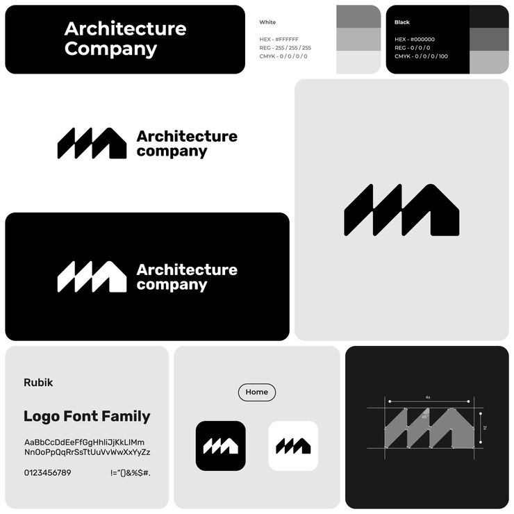 Vector logotipo comercial de la compañía de arquitectura de línea monocromática con nombre de marca icono del hogar elemento de diseño creativo identidad visual plantilla con fuente rubik adecuada para la construcción de edificios de arquitectos