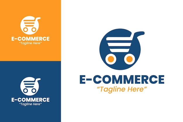 Logotipo de comercio electrónico en azul y naranja para soluciones comerciales en línea