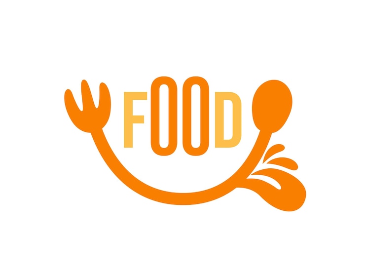 Vector logotipo de comida con cuchara y tenedor de sonrisa ilustración de diseño de comida deliciosa lengua y saliva