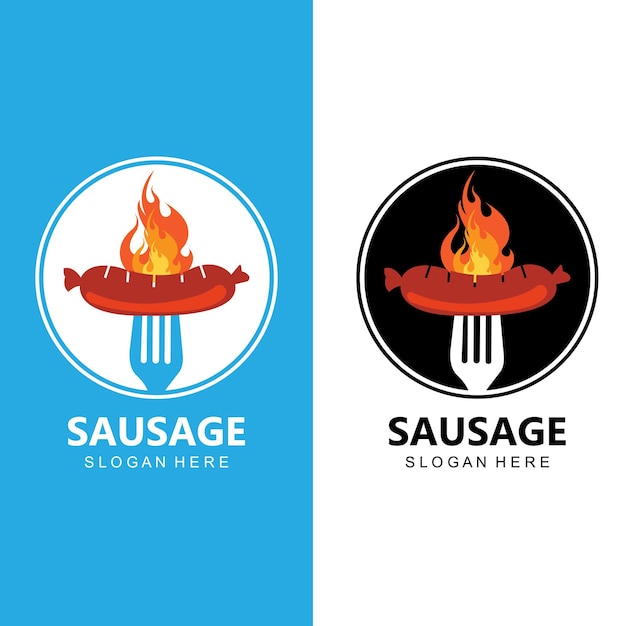 Logotipo de comida fresca retro de diseño de vector de salchicha a la parrilla