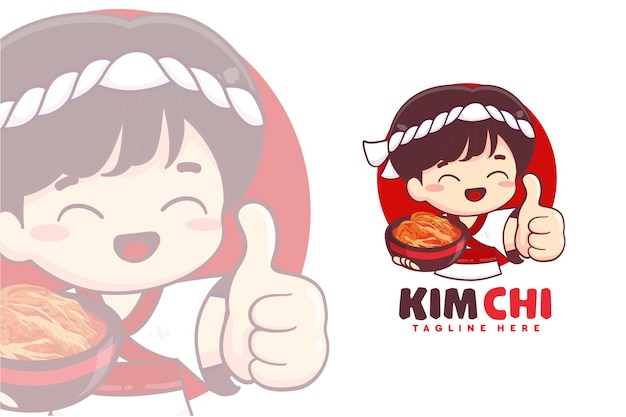 Logotipo de comida picante coreana kimchi con chef tradicional de niño lindo