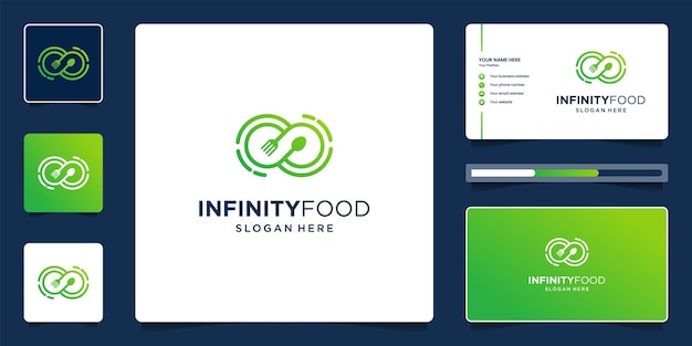 Logotipo de comida con símbolo de infinito, diseño de logotipo creativo y tarjeta de visita.