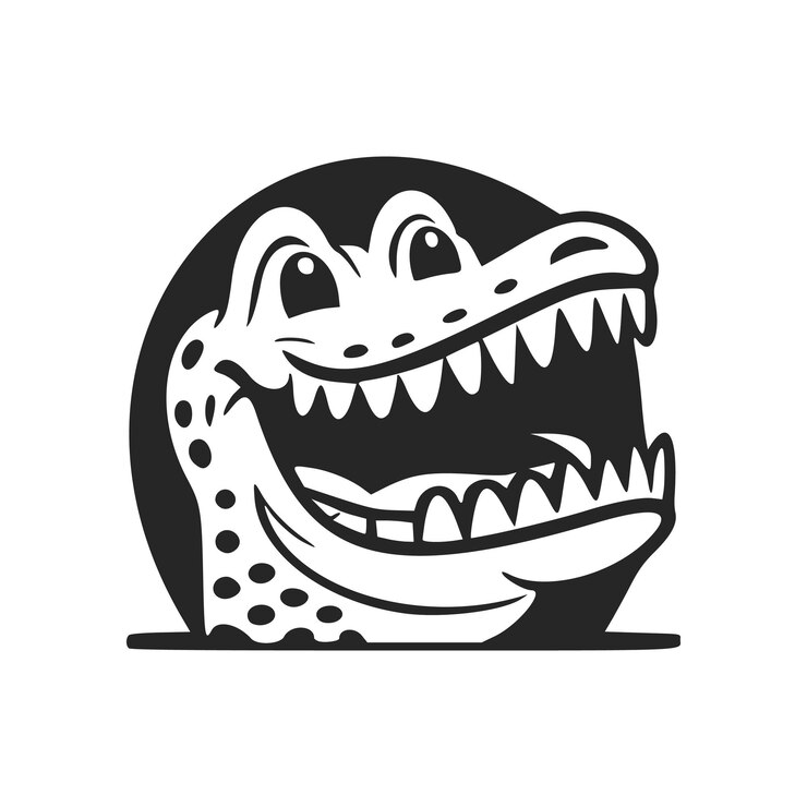 Vector logotipo sin complicaciones en blanco y negro con un encantador cocodrilo alegre