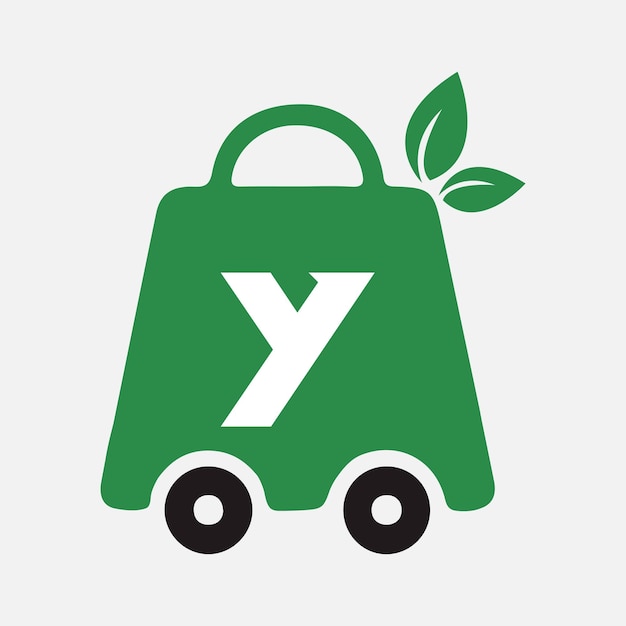 Logotipo de compras en la letra Y Sign Leaf y icono de compras con concepto de logotipo