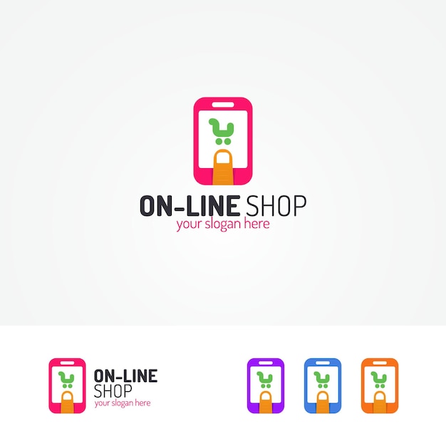 Logotipo de compras en línea que consiste en un carrito de compras en el teléfono y el uso del dedo de la pestaña para aplicaciones, tiendas, tiendas, mercados, etc. Ilustración vectorial