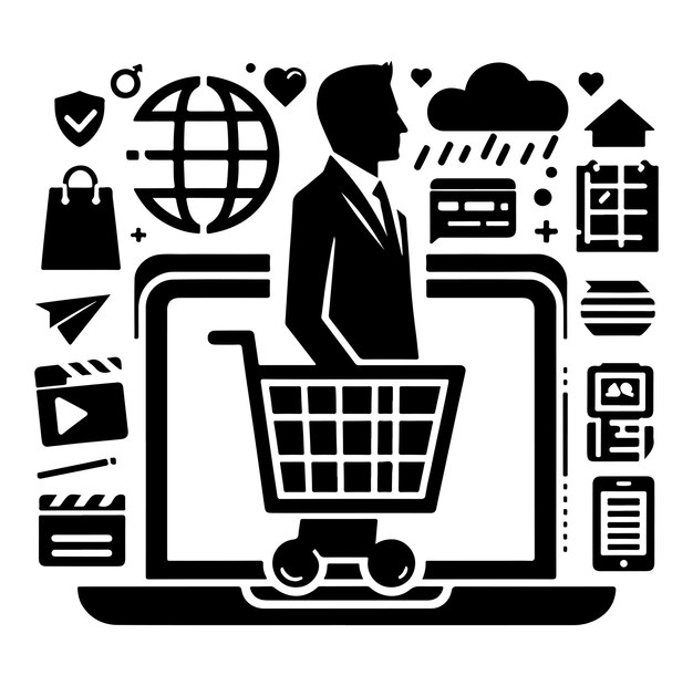 Logotipo de compras en línea y siluetas vectoriales