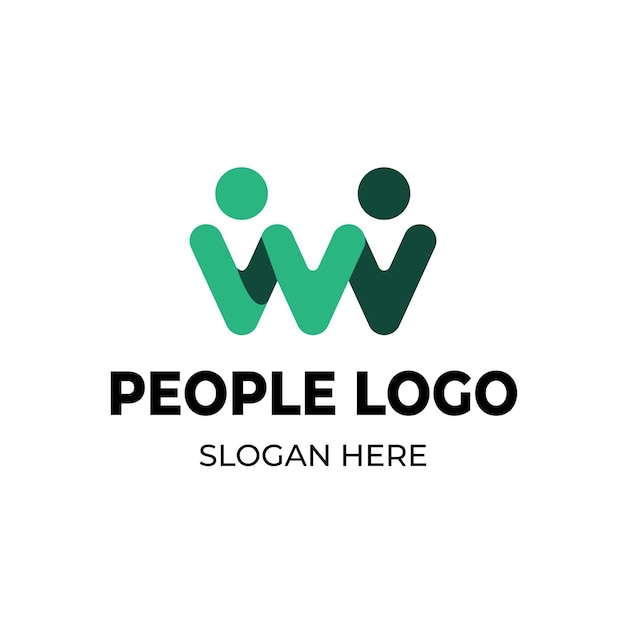 El logotipo de la comunidad People Abstract en forma de W con figuras humanas en verde y azul marrón oscuro